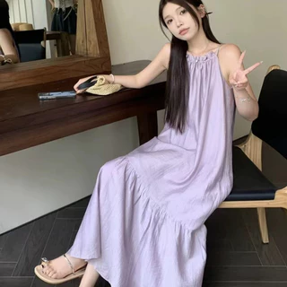 Beryl👗กระโปรง🔵🔵ชุดเดรสแขนกุดอัดพลีทสีม่วงสไตล์เกาหลีสำหรับผู้หญิง