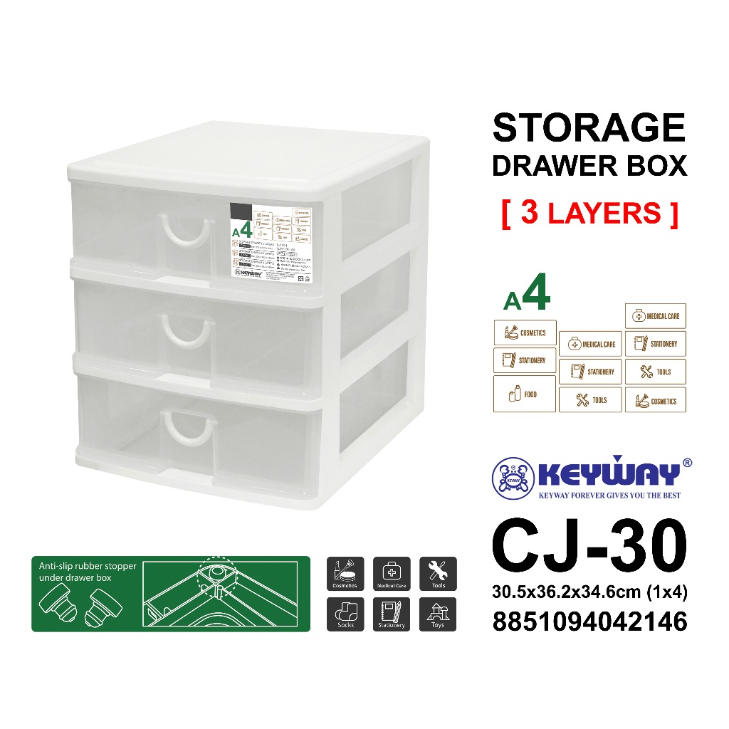 กล่องลิ้นชักเก็บเอกสาร (กระดาษ A4) 3ชั้น ขยาด 30.5 x 36.2 x 34.6cm KEYWAY No.CJ-30