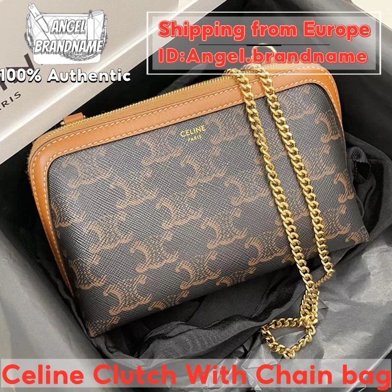 👜เซลีน CELINE Clutch With Chain bag กระเป๋าคลัตช์พร้อมสายสะพาย ผลิตจากผ้าแคนวาสลายทรียงฟ์และหนังแกะ