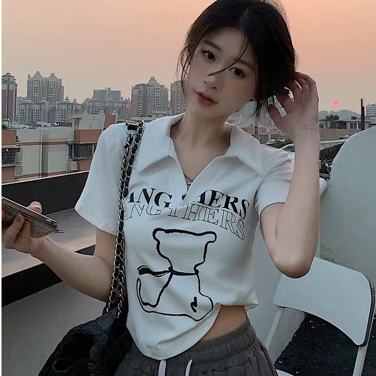 fashiongirl1688เสื้อครอปคอวีแขนสั้นลายสัตว์เลี้ยงน่ารัก เว้าเอวแบบสาวเซ็กซี่ น่ารัก ขี้เล่นสาวๆควรตำ