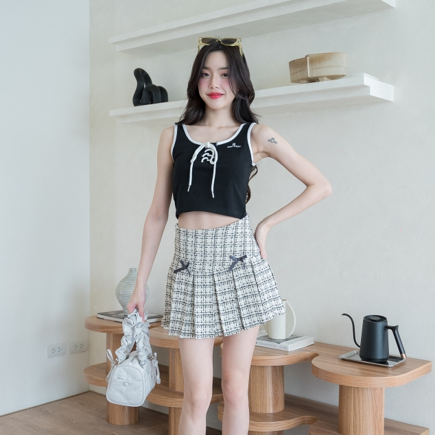 JARINYA (S-XL) กระโปรงสั้นแต่งโบว์ 2 ชิ้น เนื้อผ้าเกรดดี ทรงเป๊ะ เอวสูง (K74)