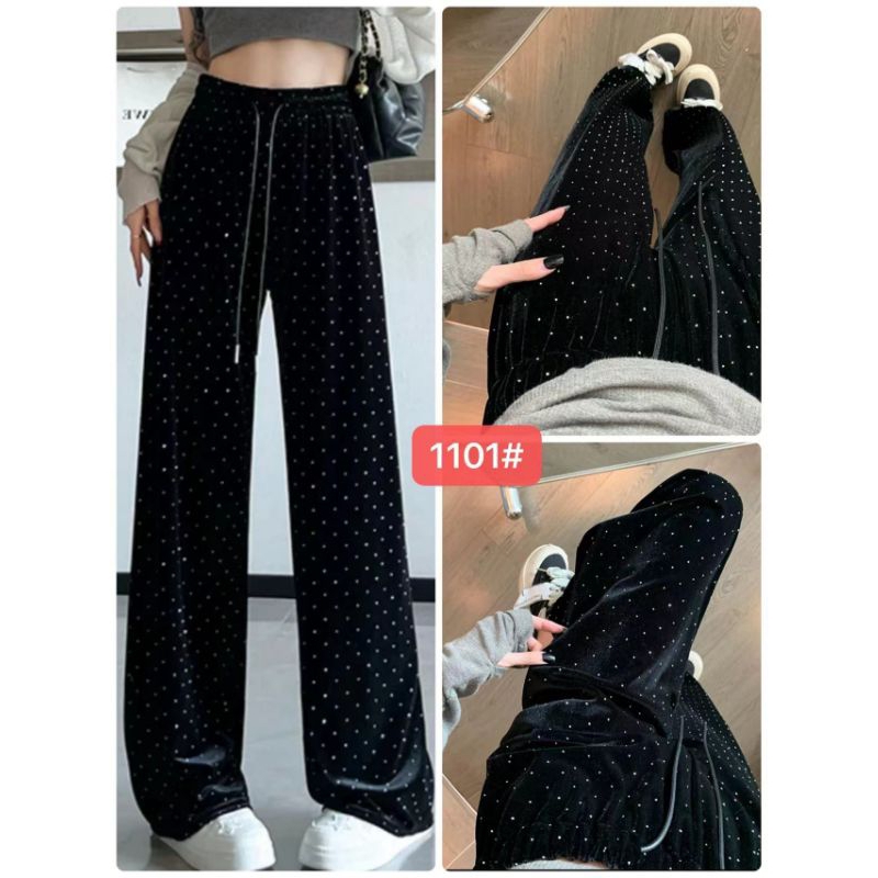 พร้อมส่ง กางเกงขายาวผ้ากำมะหยี่ติดอะไหล่เพชรวิ้งๆเอวสูงทรงสวยผ้ายืดหยุ่นดีใส่แมชกับอะไรก็สวยเด่นสุดๆ