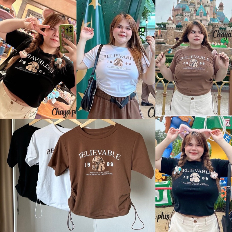 Linn เสื้อครอปรูดข้าง สกรีนลายน้องหมี เสื้อครอปสาวอวบ อก34-50นิ้ว Freesize