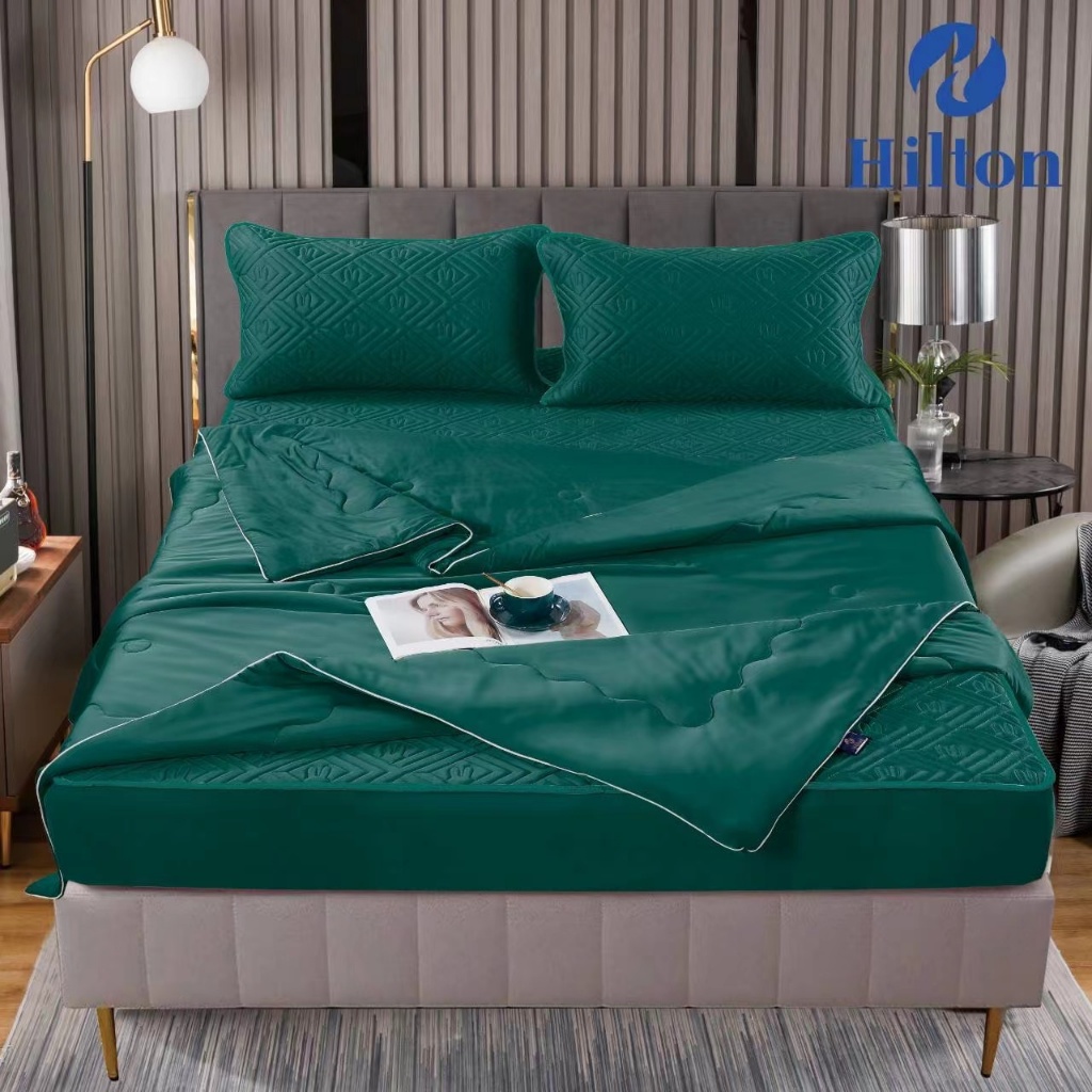 Hilton ผ้าปูที่นอน+ผ้านวม Set 4 ชิ้น ผ้าปูที่นอนยางพาราเย็น สีพื้น 6 ฟุต  เกรดพรีเมี่ยม  ผ้านุ่ม ลื่น เย็นสบา #HTJ