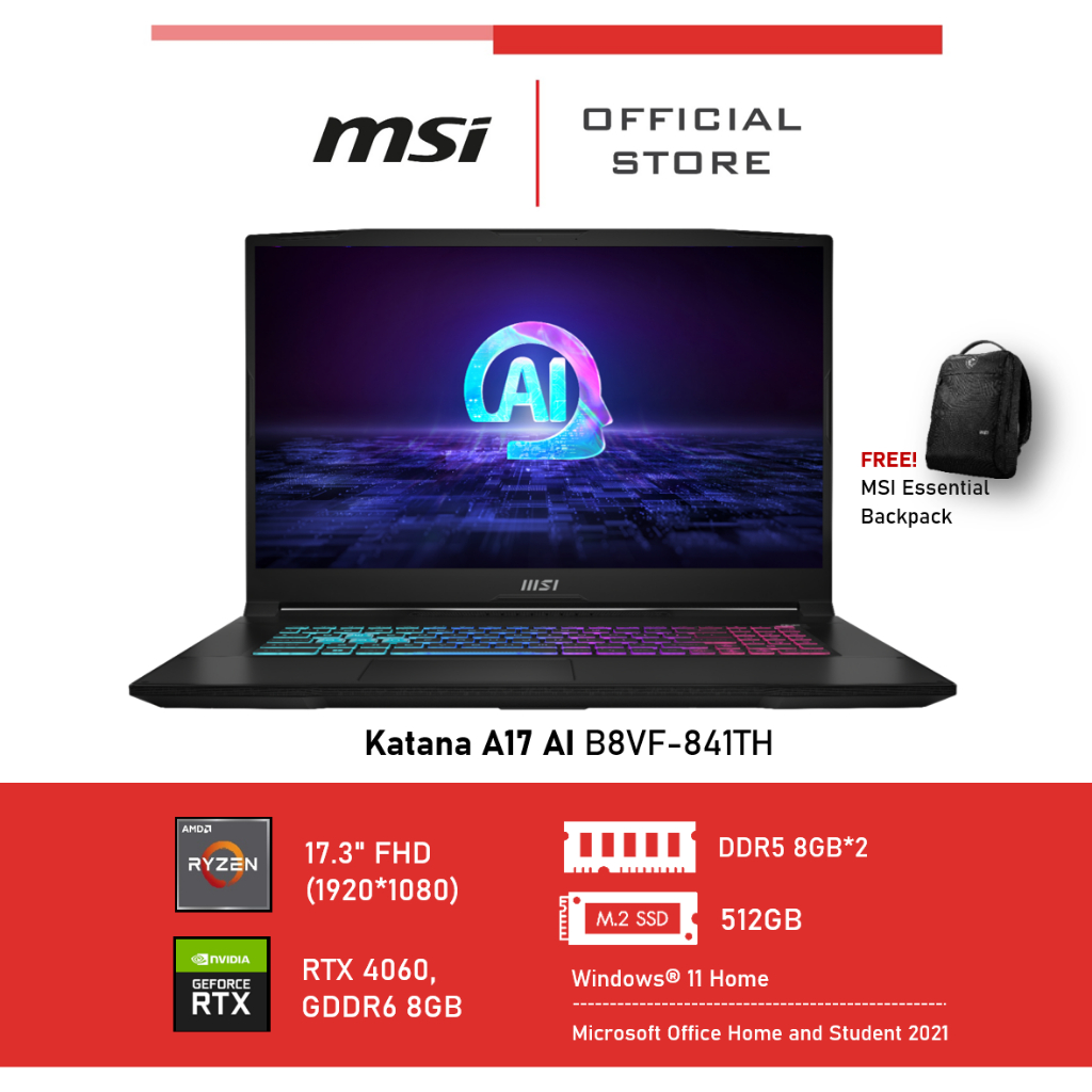 [Pre-Order เข้า 19/2] MSI Katana A17 AI B8VF-841TH (17.3" FHD, RTX 4060, GDDR6 8GB) Ryzen 8040 Notebook, Laptop