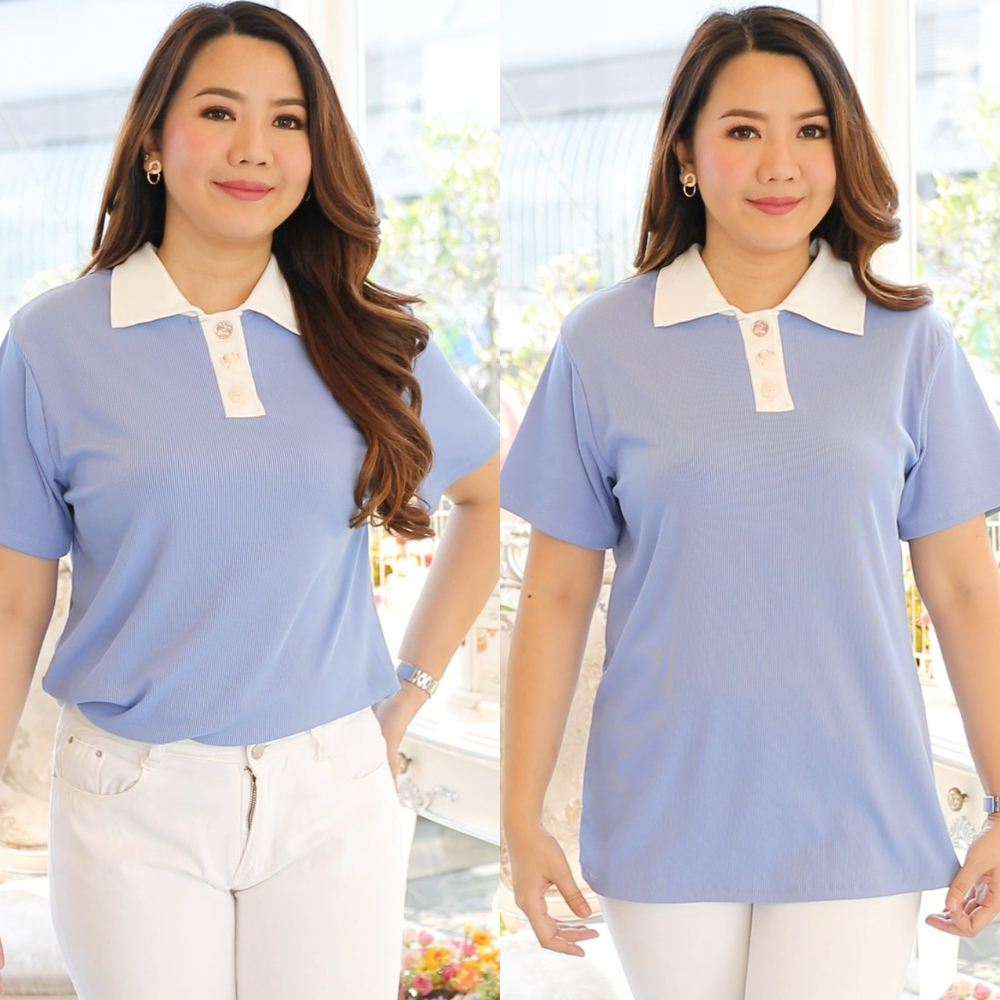 เสื้อยืดคอปกสาวอวบไซส์ใหญ่ อก36-50 ผลิตจากผ้าร่องยืดเนื้อดี ผ้านิ่มยืดได้เยอะ เสื้อโปโล คอปก คอวี