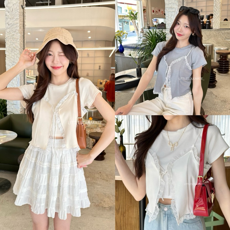 littlesoulmate เซ็ท2ชิ้น เสื้อครอปแขนสั้น+สายเดี่ยวผูกโบว์ ขอบลูกไม้ ผ้าดีมากกนิ่มมากก(halter)