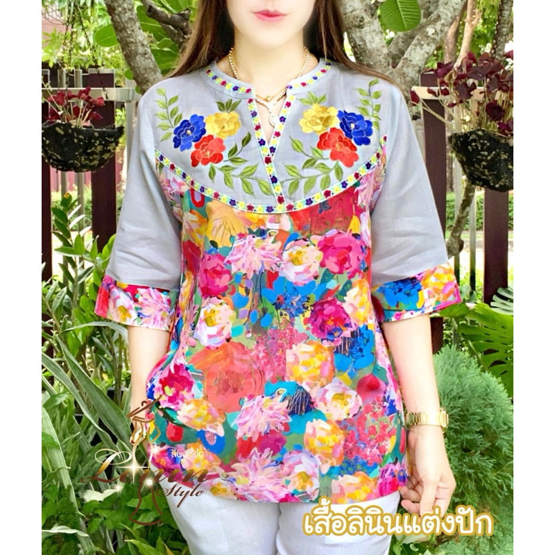 เสื้อลินิน เสื้อผู้ใหญ่ใส่ออกงาน ดีไซน์สวยเก๋ ลายดอกไม้สีสันสดใส - รูปที่ 2