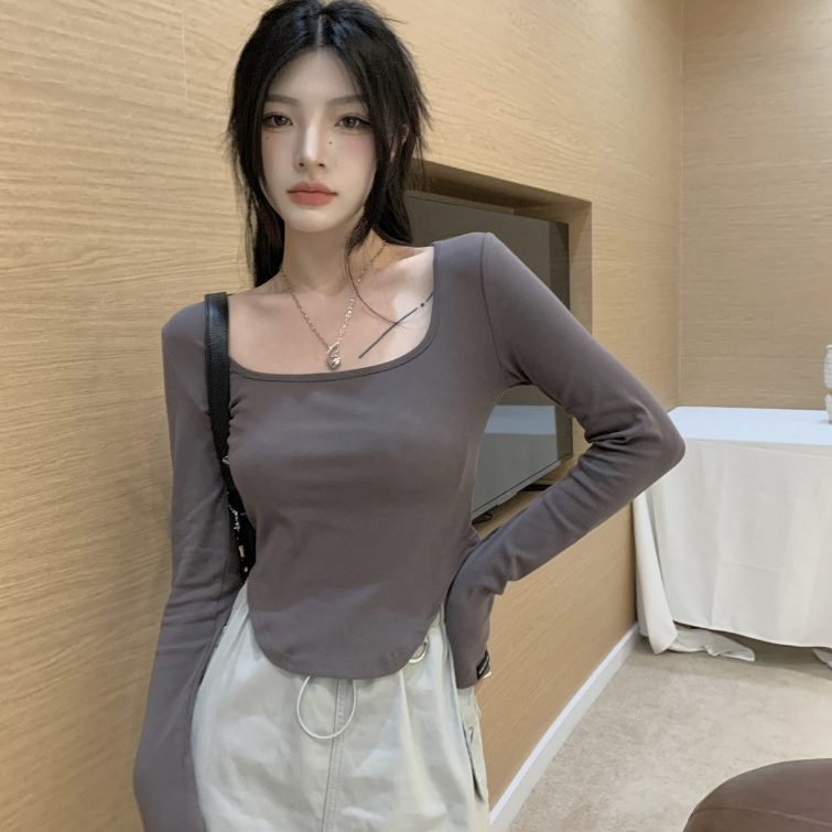 เสื้อเชิ้ตแขนยาวในฤดูใบไม้ร่วงเสื้อสแควร์คอสั้น ๆ