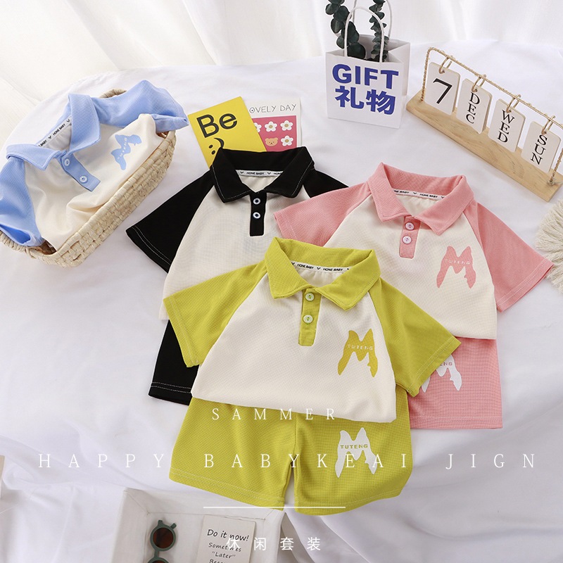 ชุดเสื้อโปโลเด็ก +กางกง ลายM คอโปโล เเต่งกระดุมหน้า สลับสีสวย พร้อมส่ง