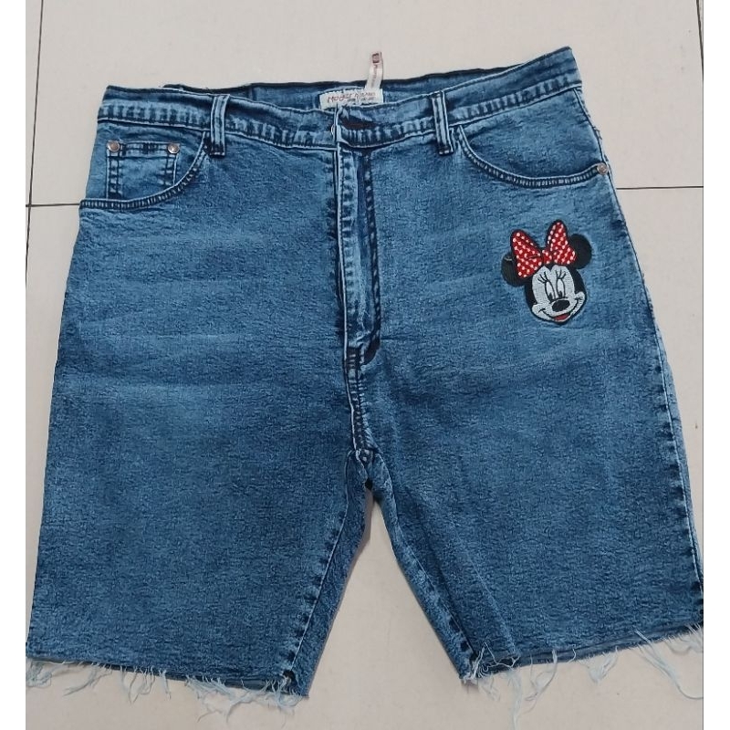 MD jeans กางเกงยีนต์เอวสูง3ส่วน ผ้ายีนต์ยืด ปลายขาตัด ปักมินนี่ ยีนส์สาวอวบ
