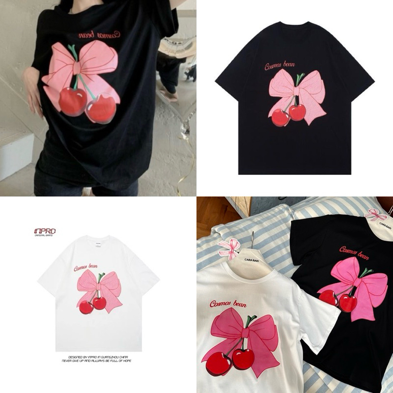 CHERRY x RIBBON TEE เสื้อทรงโอเวอร์ไซส์ เนื้อผ้ายืดเด้ง ปริ้นลายเชอร์รี่โบว์ cosmos bean แพทเทิ้ลงานเกาหลี