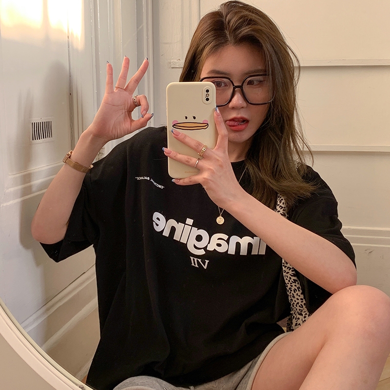 เสื้อยืดหลวมแขนสั้นผู้หญิงขนาดใหญ่ สไตล์เกาหลี สีดำและสีเทา