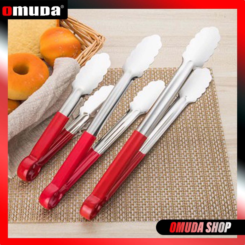OMUDA_SHOPที่คีบขนมปัง ที่คีบอาหาร คีบสปาเก็ตตี้ สแตนเลส ด้ามจับหุ้มพลาสติกหนากันร้อน (คีบด้ามแดง2)