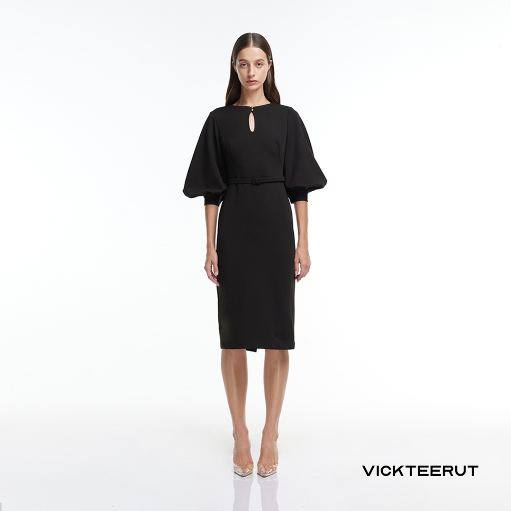 VICKTEERUT Re-Edition Voluminous Sleeve Midi Dress with Belt เดรสมิดิ แขนพอง ตกแต่งเข็มขัด