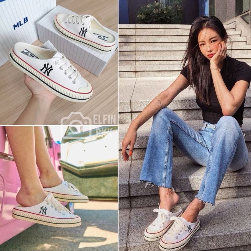 แท้ 💯 ไซส์ 36.5 MLB Playball origin Mule NY รองเท้าผ้าใบเปิดส้น สีขาว