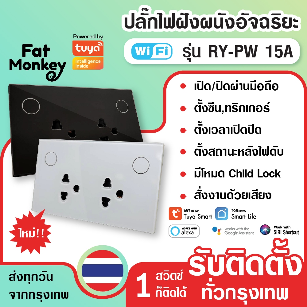 Tuya WiFi Double Socket plug ปลั๊กไฟฝังผนัง อัจฉริยะแบบ 2 เต้าเสียบ 15A 220V รุ่น RY-PW สั่งเปิดปิด