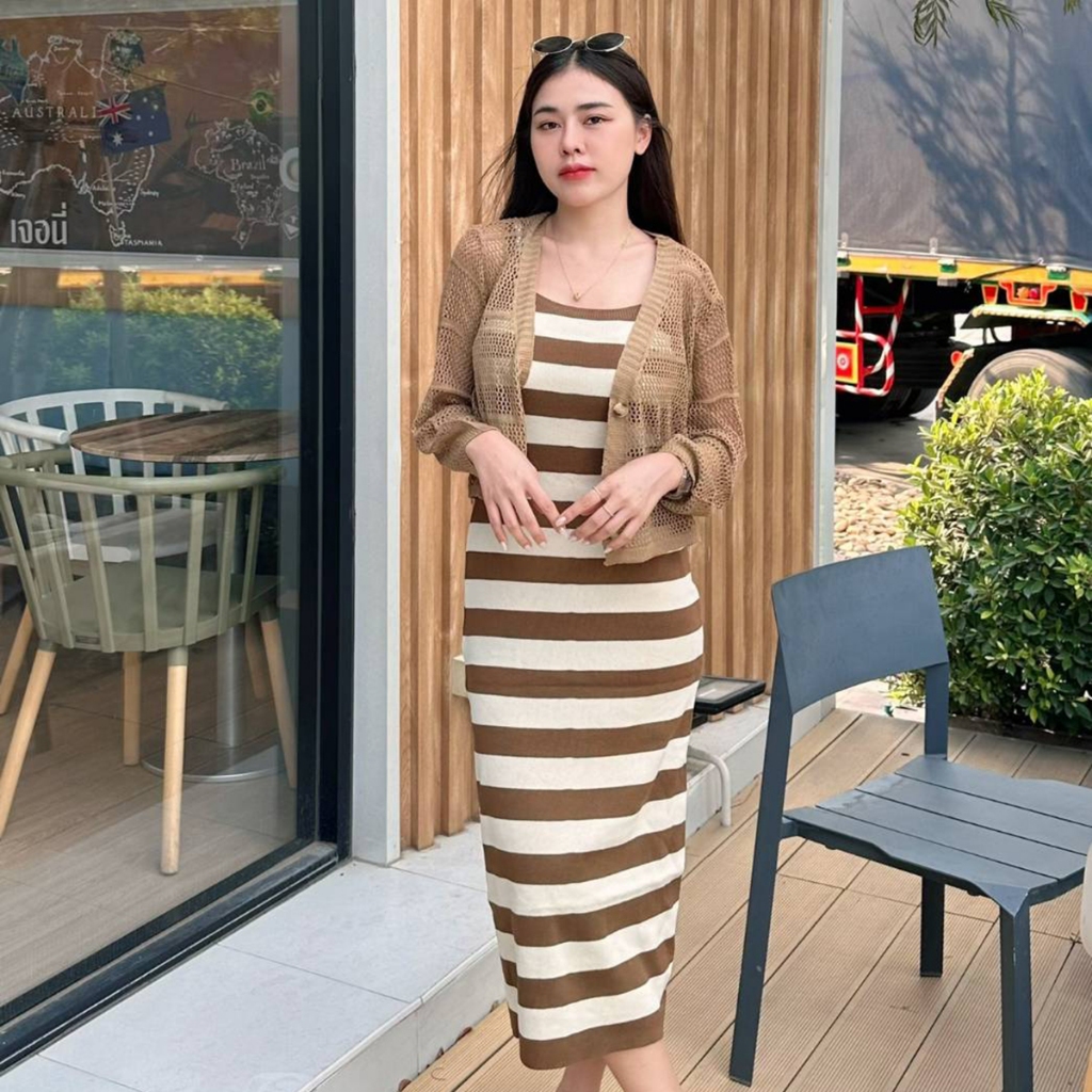 🌈MesubShop🌈แม๊กซี่เดรสสายเดี่ยว + เสื้อคลุมตาข่าย 💥 ผ้าไหมพรมเนื้อหนานุ่ม สาวอวบใส่ได้ รุ่น โรงแรม - รูปที่ 4