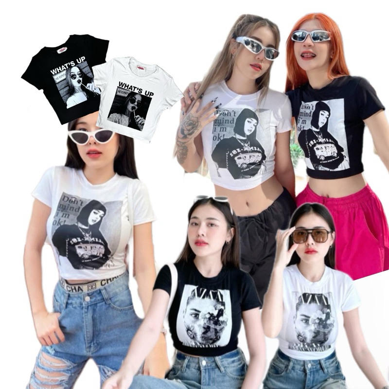 เสื้อครอป สาย ฝ แขนสั้น เอวไม่บาน ผ้าเรยอน รัดรูป