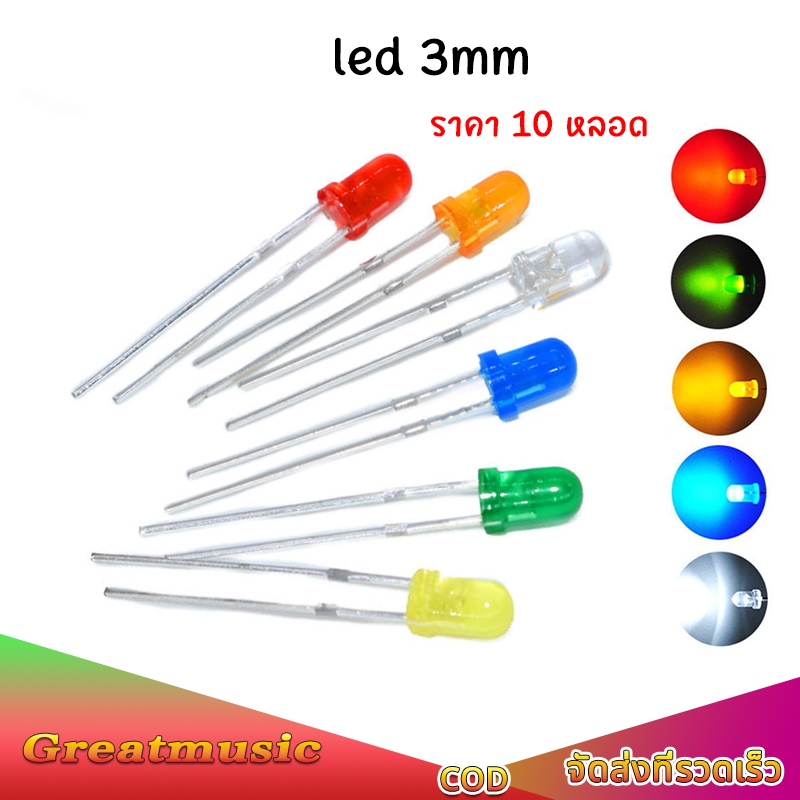 หลอดไฟ LED 3mm 10ดวง ไดโอดเปล่งแสง แดง เหลือง ฟ้า เขียว หลอดสี หลอดไฟLED