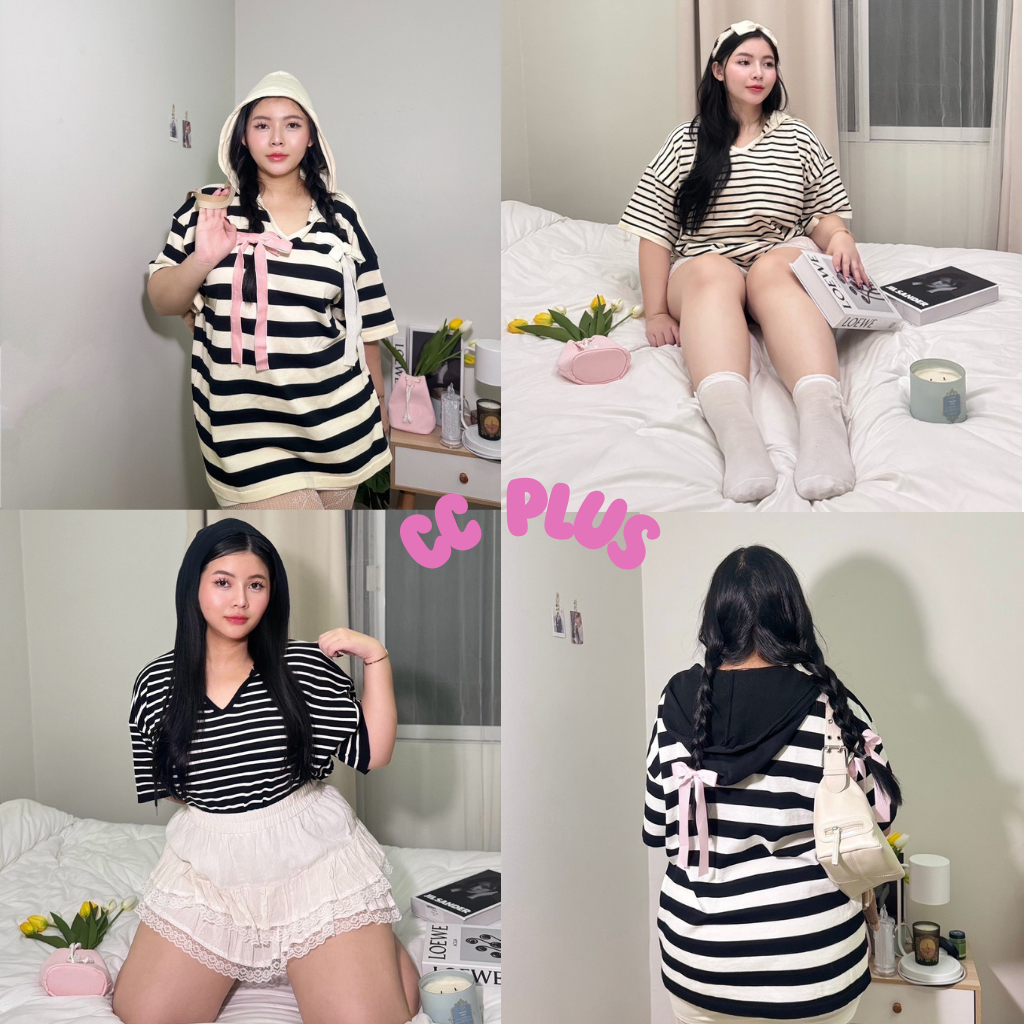 Cici Plus+ SALE(763) Plus size เสื้อไหมพรมแขนสั้น คอวีลายทาง มีฮู้ด สไตล์เกาหลี
