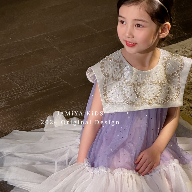 ชุดเจ้าหญิงเด็กผู้หญิง คอบัวปกใหญ่ เลื่อมที่สวยงามมาก ชุดออกงานเด็ก สีฟ้าสี ม่วง ชุดราตรีเด็ก สำหรับวันเกิด งานเทศกาล