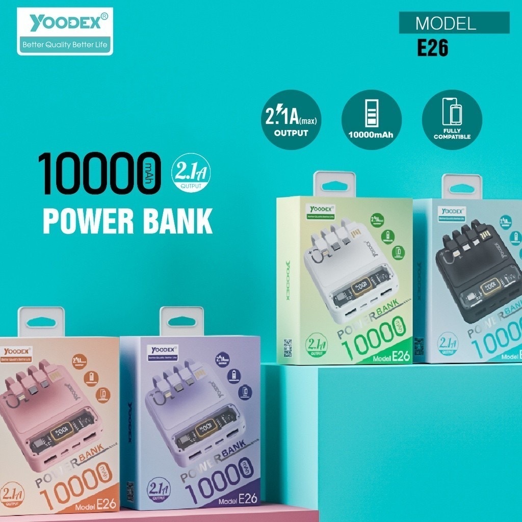 แบตสำรอง powerbank 10000mah พลังงานจ่ายไฟ 2.1A YOODEX รุ่น E26 มีใบรับรองแบตเตอรี่ มีสายเคเบิ้ลในตัว