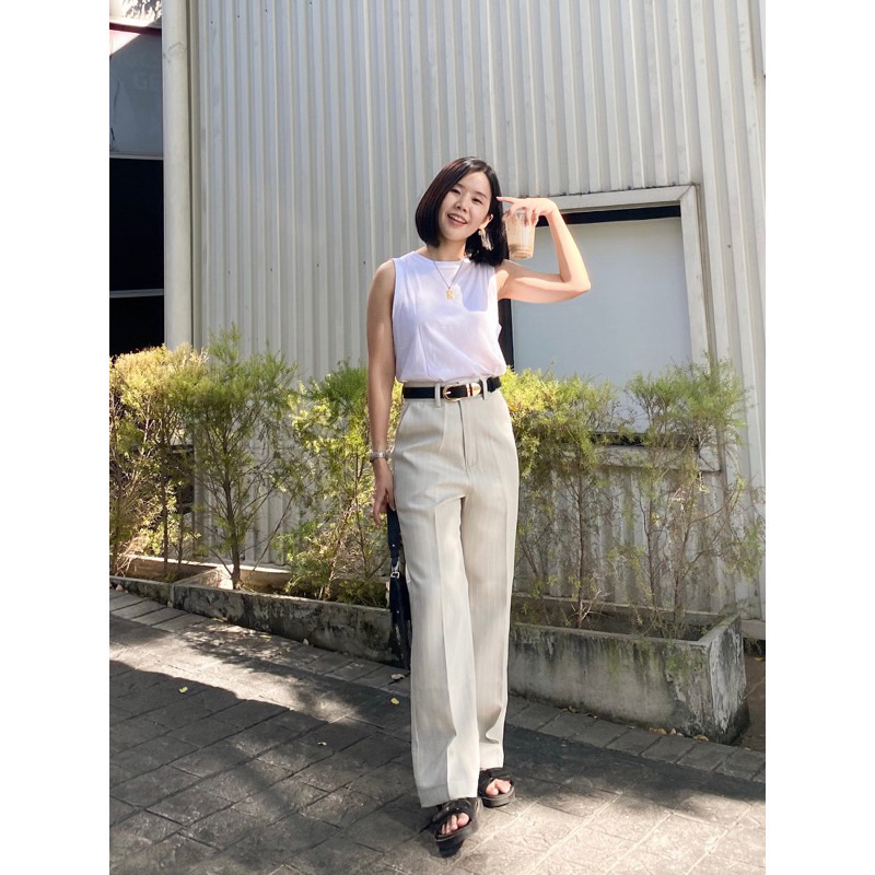 Hyde Apparels กางเกงสีครีม/เทาลายทาง (XL)