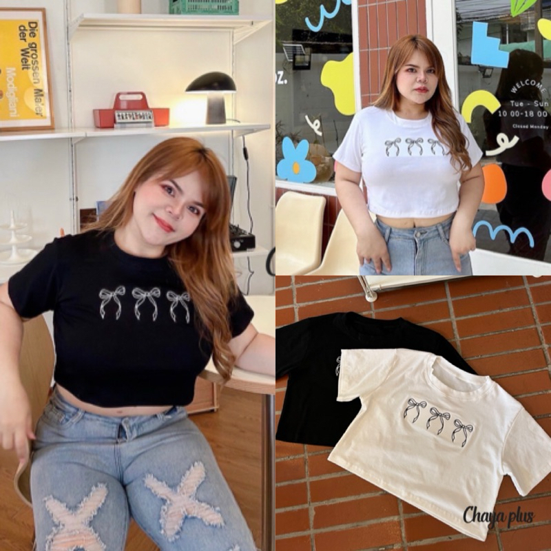 LD เสื้อครอปงานปักน้องโบว์ เนื้อผ้ายูนิโคล่เนื้อดี ไซส์ใหญ่