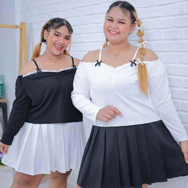 A149 เสื้อเปิดไหล่สายเดี่ยวโบว์ แต่งลูกไม้ ผ้าร่องไหมพรม งานแฟชั่นสาวอวบ ไซส์ใหญ่