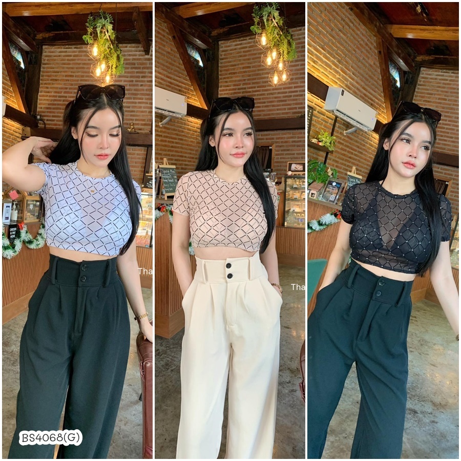 BS4068 งานซีทูเซท3ชิ้นสุดปัง กางเกงขายาวเอวสูงปรี๊ดดดด!! ซิปหน้า กระดุม2เม็ด