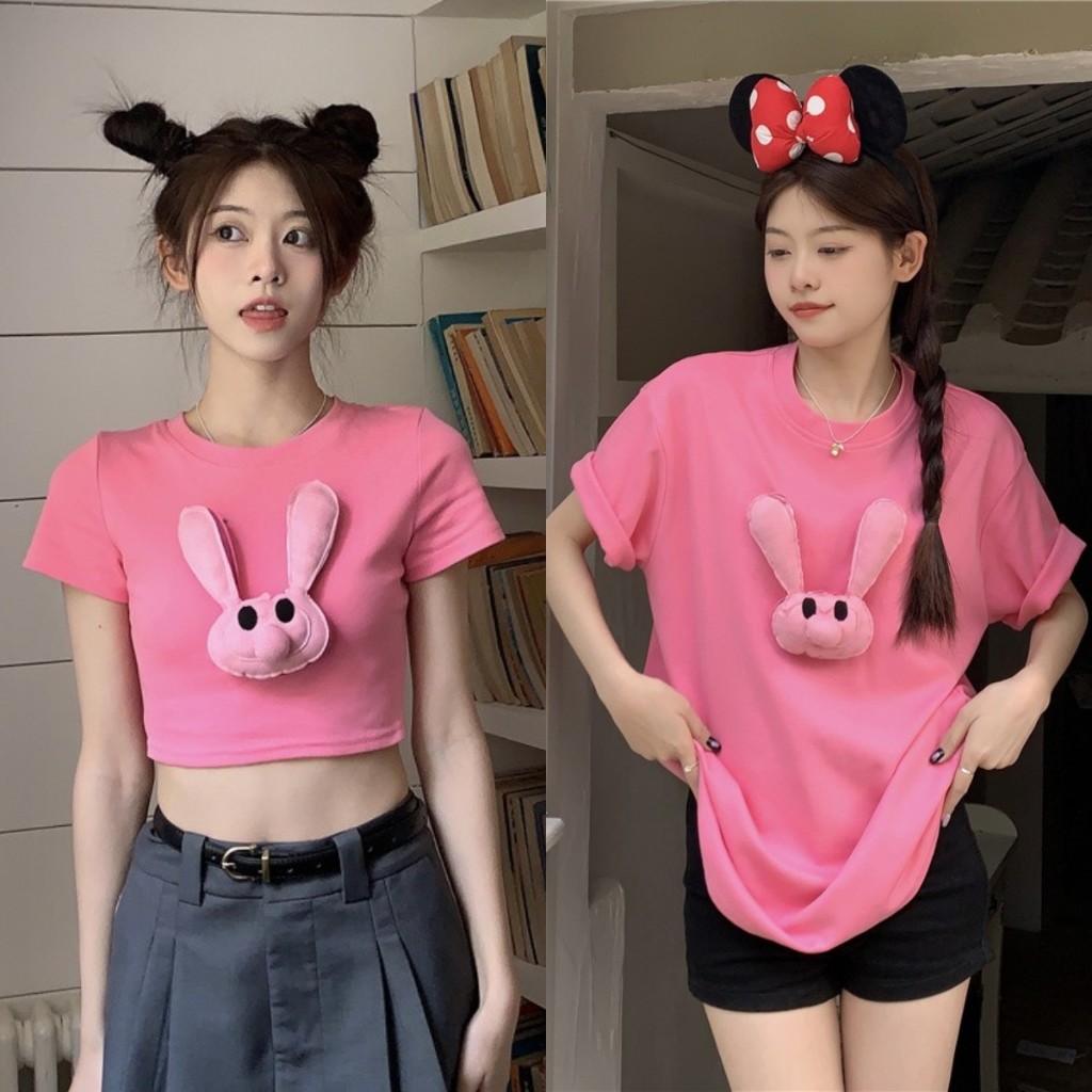 เสื้อครอป เสื้อยืดเเขนสั้น มีกระต่ายจริง บานเย็นสวย คอกลม #22141