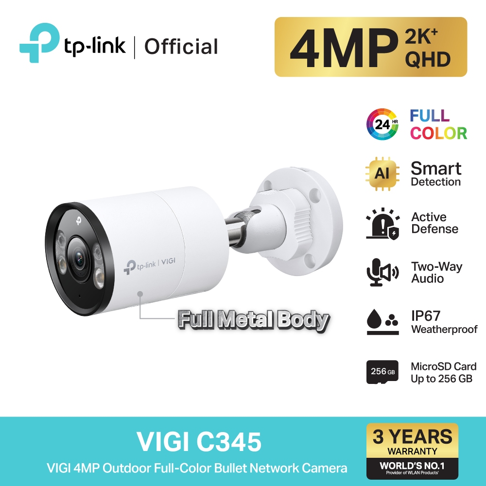 TP-Link VIGI C345 (4mm) กล้องวงจรปิด 4MP บอดี้โลหะ IP67 ใช้งานภายนอก ภาพสี 24 ชั่วโมง VIGI Outdoor Bullet Network Camera