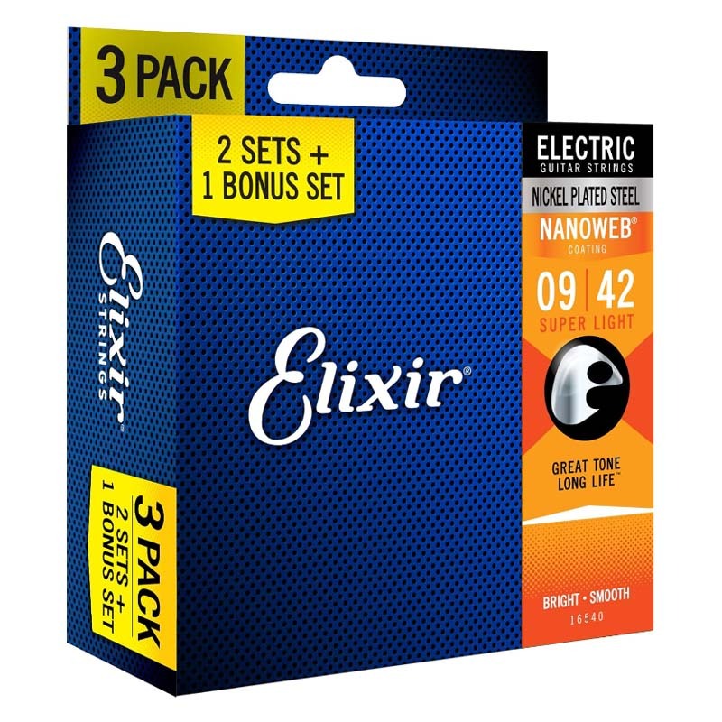 Elixir สายกีตาร์ไฟฟ้า 16540/16542 พร้อมการเคลือบ NANOWEB 3 แพ็ค Super Light/Light