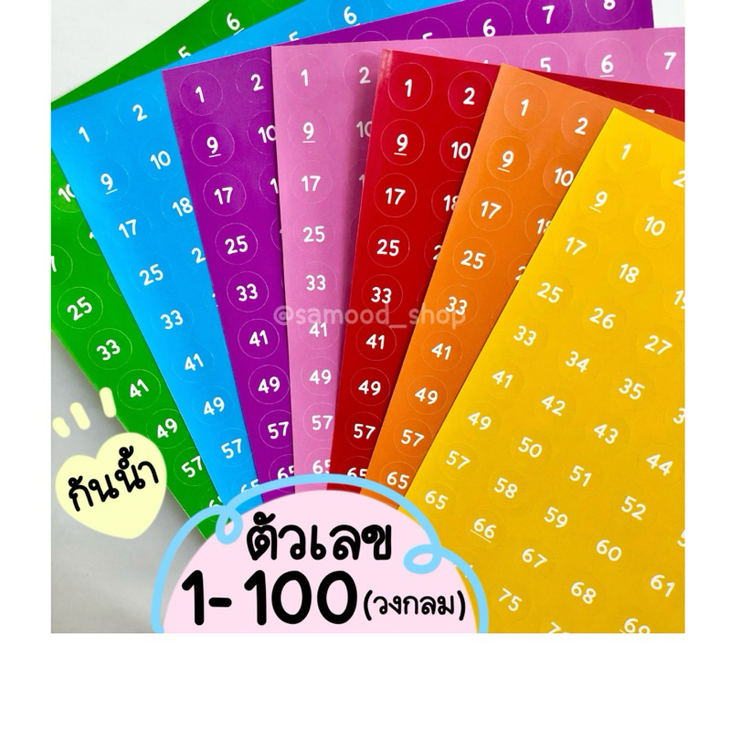 สติ๊กเกอร์ตัวเลข 1-100 (วงกลม16มม.)แผ่นเกือบเท่าA4 มี7สี กันน้ำ