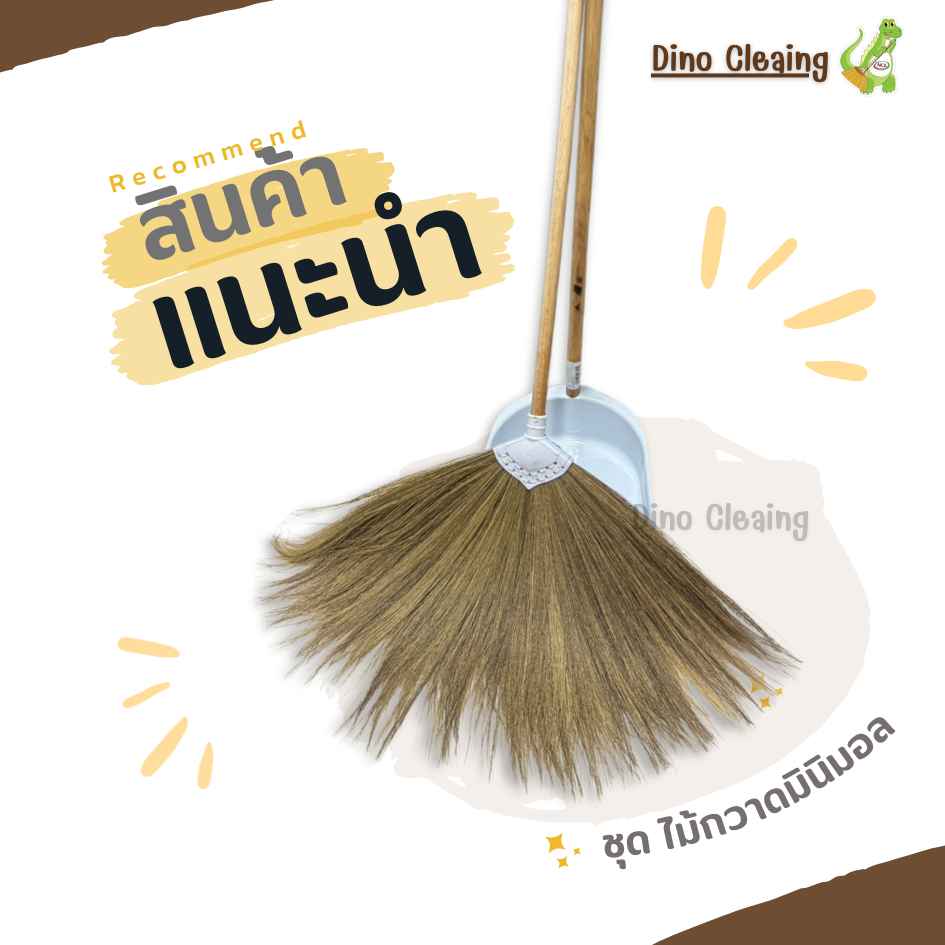 ไม้กวาดดอกหญ้าพร้อมโกยขยะเหล็ก รุ่นมินิมอล ด้ามขัดมันเรียบ ดอกหญ้าหนา ไม่หลุดง่าย โกยขยะเหล็กอย่างดี Dino Brand