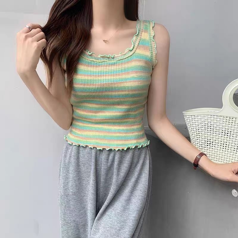 Vogue🌟พร้อมส่ง🌟 เสื้อกล้ามคอเหลี่ยมลายสายรุ้งเซ็กซี่ มีสไตล์และดูดี (65CX02)