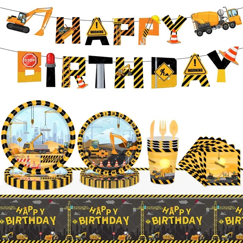 เซ็ทปาร์ตี้วันเกิด ก่อสร้าง แม็คโคร จานกระดาษ แก้วกระดาษ ทิชชู่ Construction Birthday Party Disposable Plate Napkin Cup