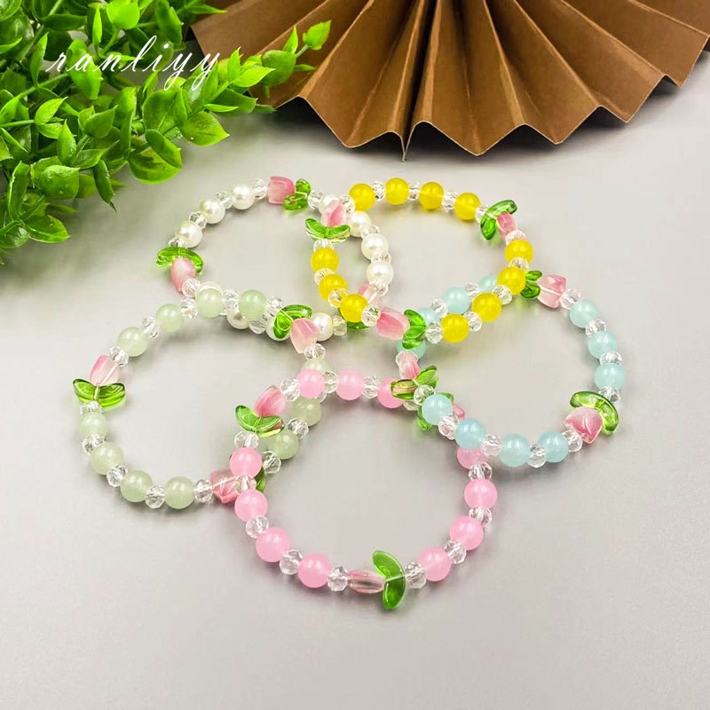 ส่งเร็ว สร้อยข้อมือลูกปัดลายดอกไม้ดอกทิวลิปสไตล์จีนหวานหรูหราเครื่องประดับสำหรับผู้หญิงเข้ากับทุกการแต่งกาย-Ranliyy