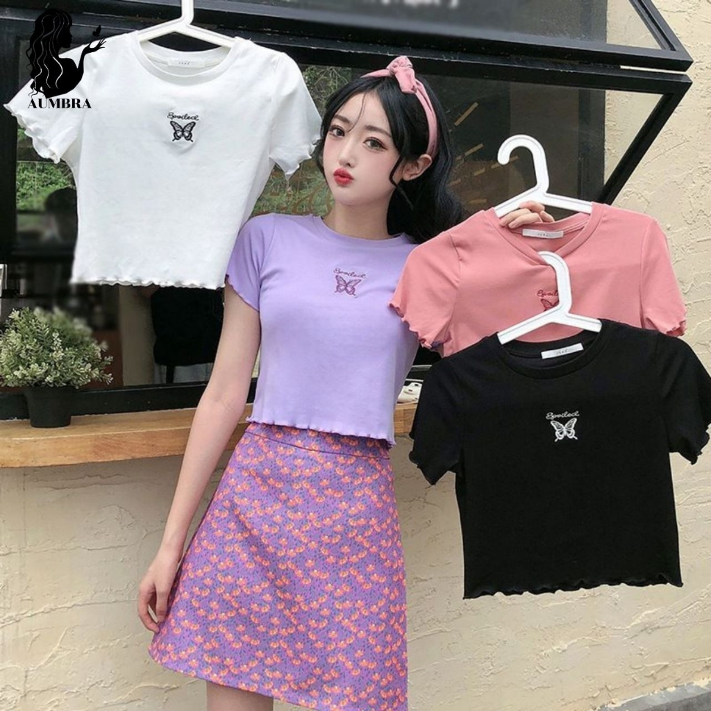 เสื้อแฟชั่น ปักผีเสื้อ เสื้อครอป วินเทจ ผ้านิ่ม ใสใสวัยรุ่นชอบ พร้อมส่ง TS2217