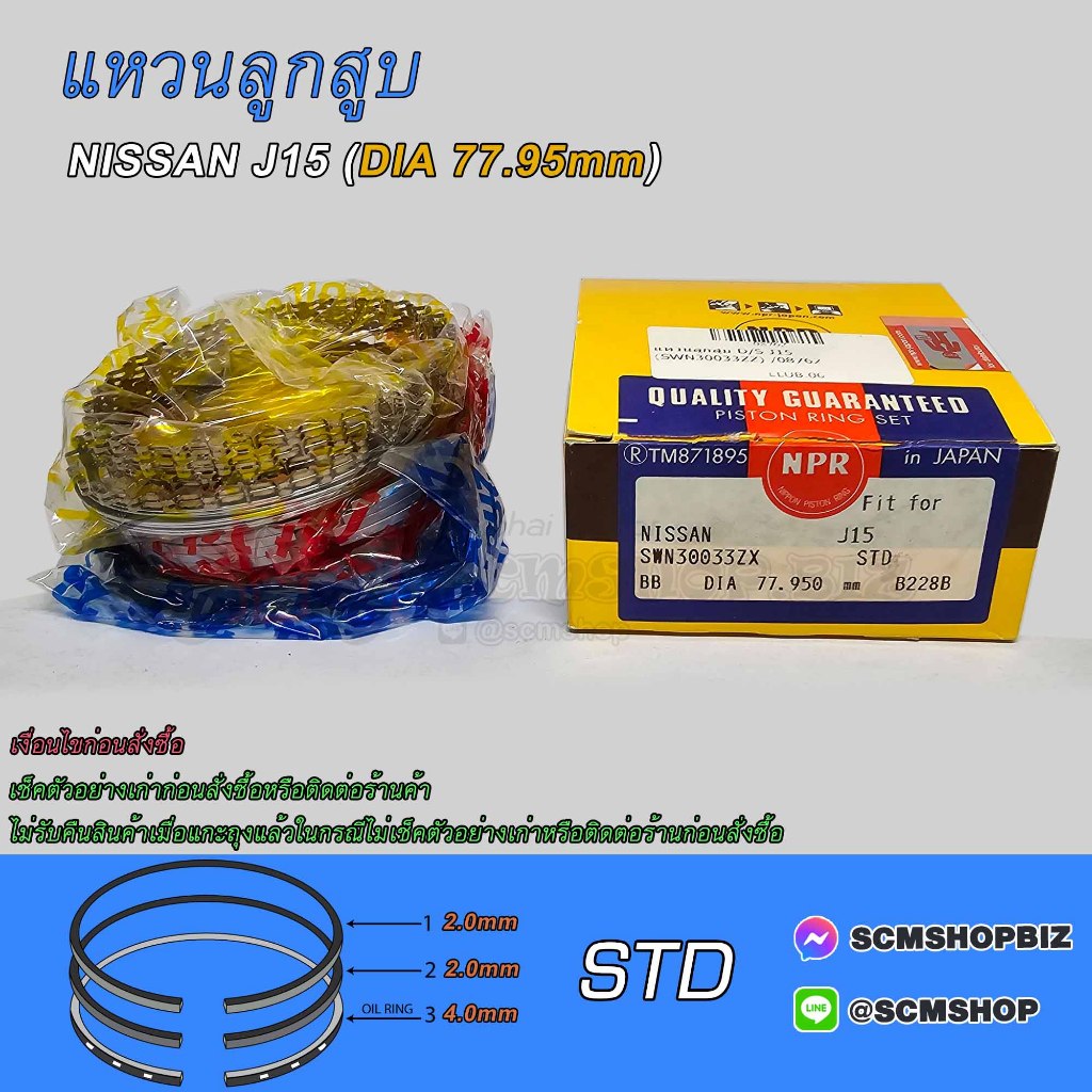 แหวนลูกสูบ NISSAN J15 DIA 77.950mm.(SWN30033ZX) /1ชุด