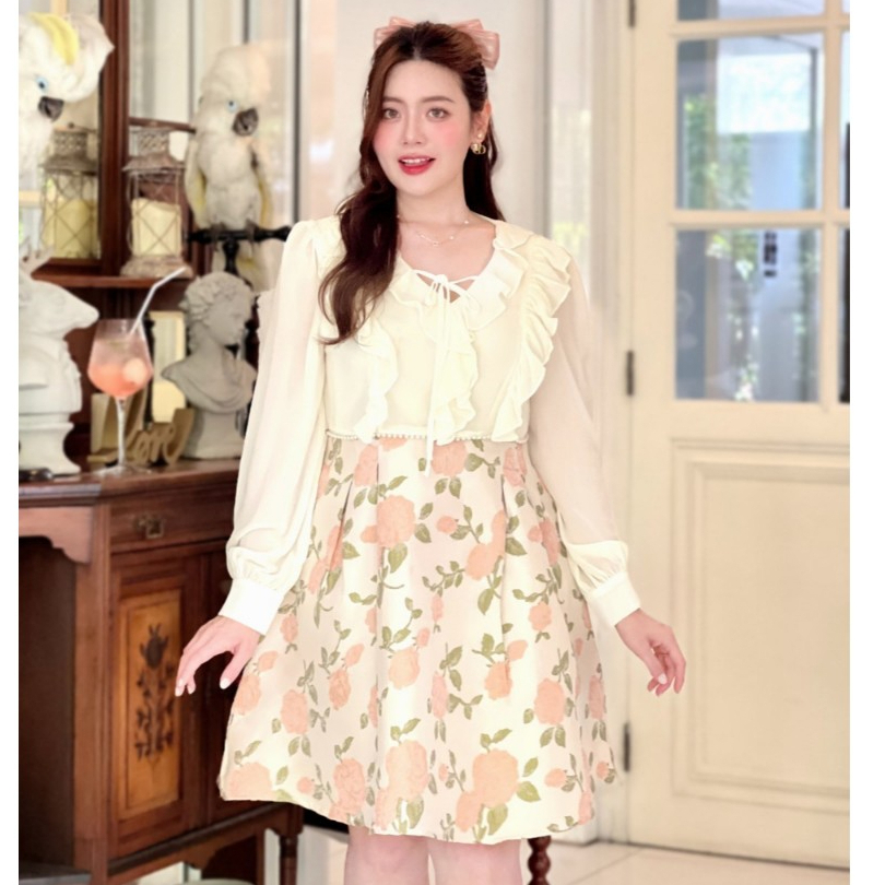 CA366 : Calorie Fashion มินิเดรสลุคสาวหวานละมุนเว่ออ กระโปรงผ้าแจ็คการ์ดลายดอกกุหลาบ