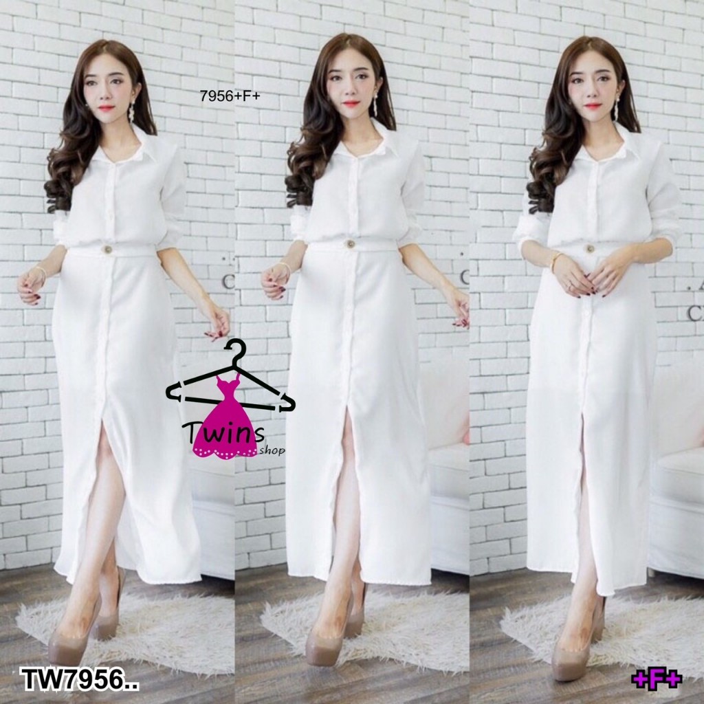 TwinsShopVip พร้อมส่ง TW7956 Dress ชุดเดรสยาว เรียบหรูดูดี ชุดเดรสเชิ้ตสีขาวตัวยาว ทรงสวย