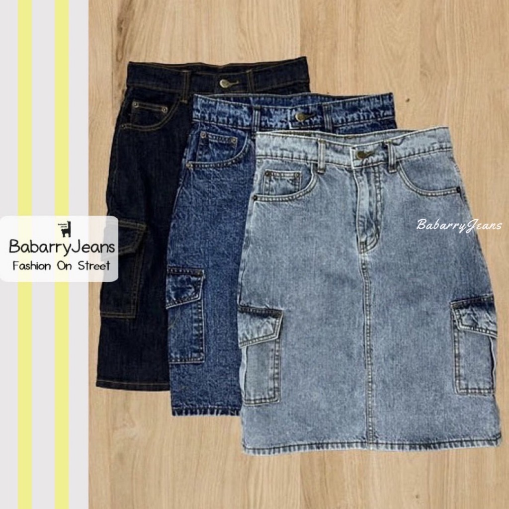 BabarryJeans กระโปรงยีนส์ คาร์โก้ วินเทจ ยาว 22 นิ้ว