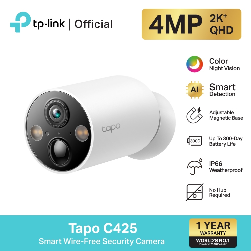 กล้องวงจรปิดไร้สาย TP-LINK (Tapo C425) 4MP 2K QHD IP66 ภาพสีกลางคืน มี AI ตรวจจับ แบตอึด Smart Wire-Free Security Camera
