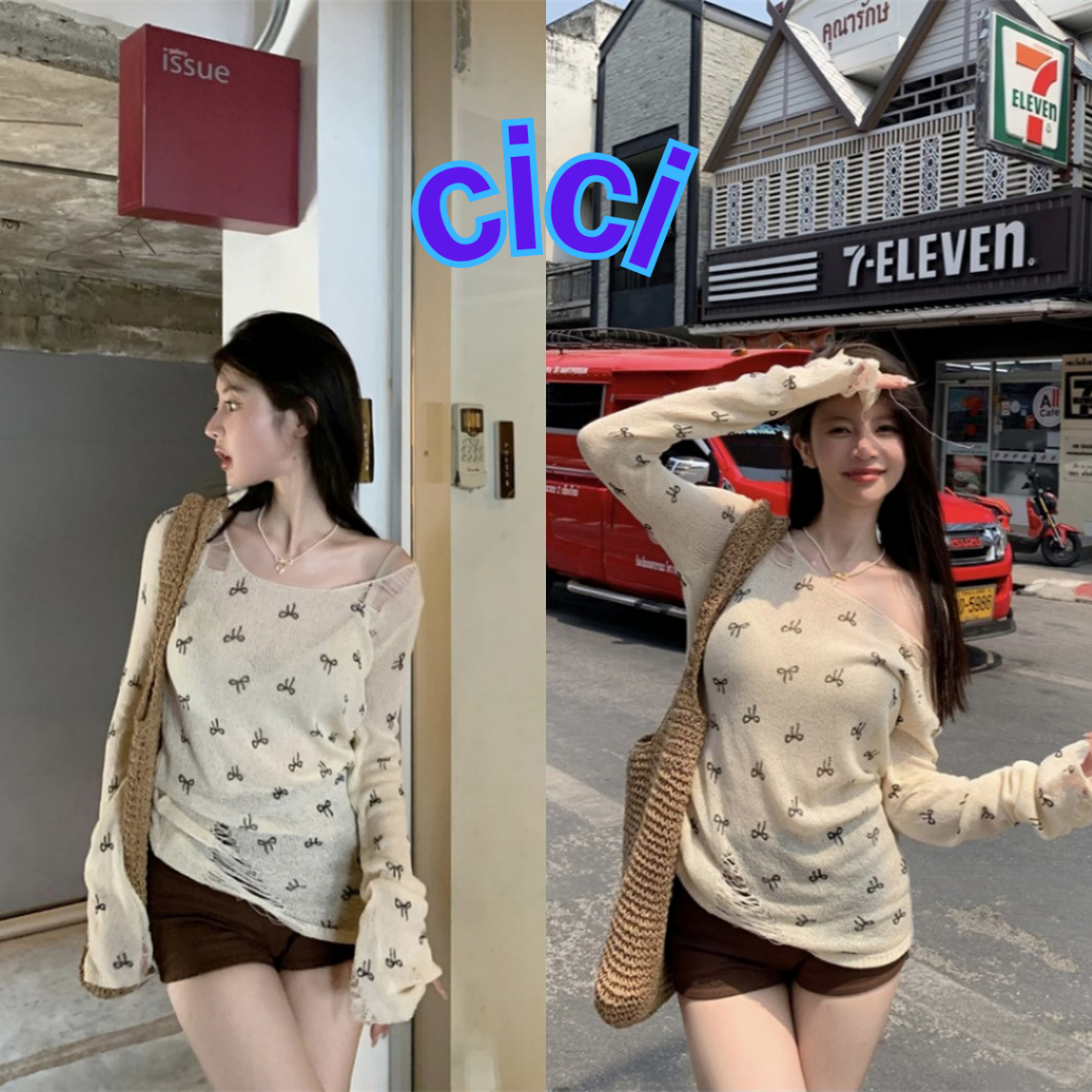 Cici(C1851)เสื้อแขนยาวไหมพรมลายโบว์ แต่งรุ่ยตรงปลาย มีกิมมิกน่ารักมาก