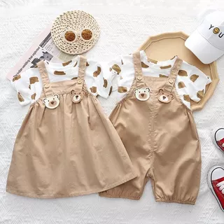 Babyonline(Y349)L2M4 (ส่งด่วน1วัน)ชุดเอี๊ยม2ชิ้นแบบกางเกงขาสั้นและแบบกระโปรงสำหรับเด็กผู้ชายและเด็กผู้หญิง ผ้าฝ้าย นิ่ม