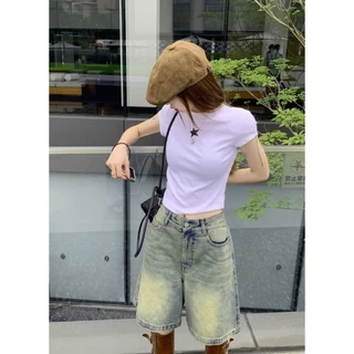Korean กางเกงครึ่งขา รูปทรงเท่ สไตล์เกาหลี ผ้ายีนส์แท้ ฟอกสีอ่อน ใส่ได้ทั้งหญิงและชาย J040