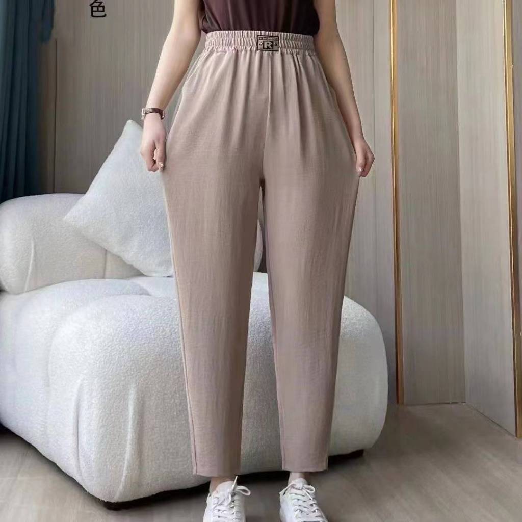 กางเกงขายยาว9ส่วนผ้าลินินทรงหลวมเอวยังยืดใส่สบายสำรับผู้หญิง-PAN969 Clothing