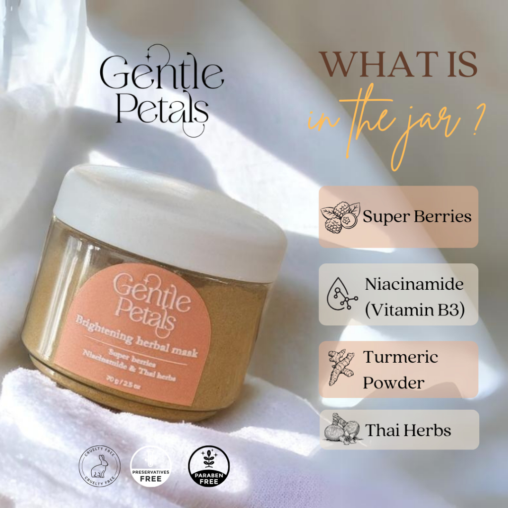 Gentle Petals ผงมาสก์ สูตรผิวกระจ่างใส ลดจุดด่างดำ แลดูอ่อนวัย มาส์กหน้าสมุนไพร พอกหน้า Brightening herbal mask